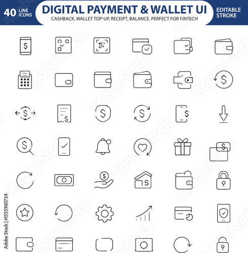 Digital Payment and Wallet UI Line Icons, Credit Card, QR Code, Mobile Wallet, Transaction, NFC, Security Shield, Transfer, and More , Editable Formats: AI, EPS, JPG, PNG , Ideal for Both Digital and 