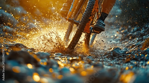 Mountain biker splashes through muddy trail