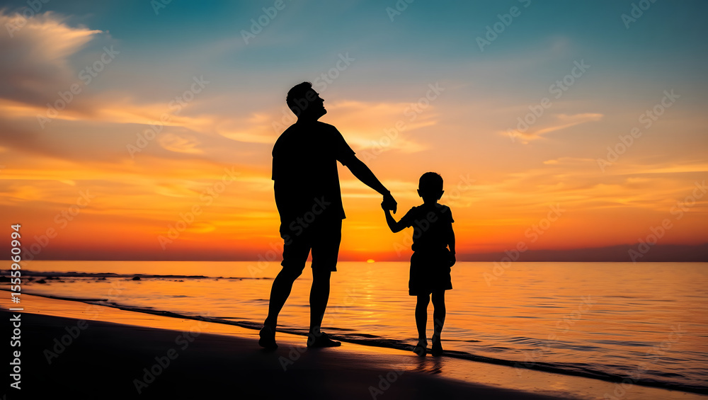 Fototapeta premium Heartwarming Father’s Day image with dad and child at beach sunset