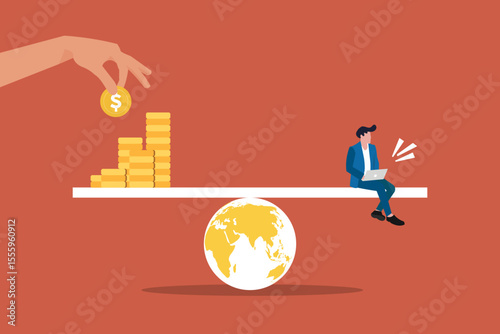 Businessman balance finance on seesaw. concept of financial stability and money management