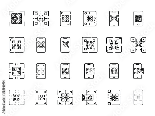 QR Code Payment Icons Bundle – Silhouettes and Outline Style Collection of QR Code Scan, Mobile QR Reader, and Contactless Payment Icons on White Background for App, POS, and E-commerce UI

