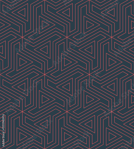 Abstract vector seamless pattern with mod red thin linear geometry on dark backdrop. Complex futuristic design inspired by technology and modern visual structures. Perfect for digital tech backgrounds