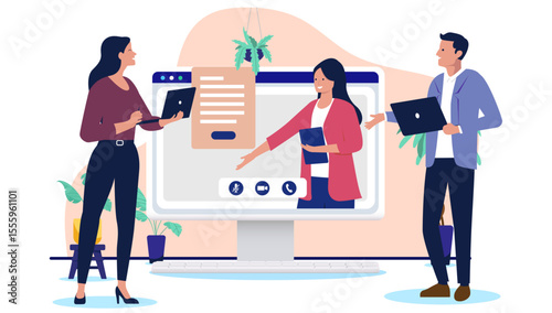 Three business professionals in an online video meeting presentation, with a woman presenting documents on a large computer screen, while colleagues work on laptops. Flat design vector illustration