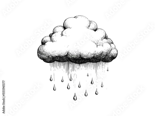 Engraved rain cloud with drops, vintage spring weather illustration, hand-drawn black sketch, old engraving style, trendy retro motif, seasonal nature art, rustic decor, ink drawing