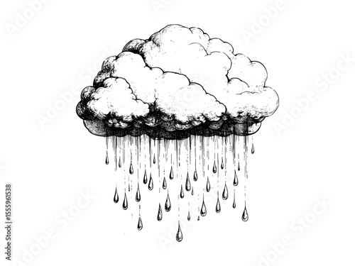 Vintage rain cloud engraving with drops, spring seasonal weather illustration, retro hand-drawn black sketch, old style etching, trendy nature motif, artistic ink design, rustic charm