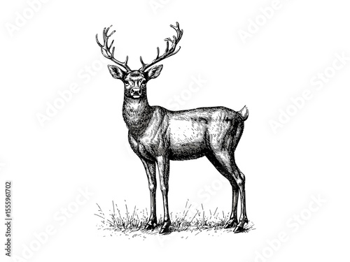Vintage holiday season sketch, engraved reindeer illustration, retro Christmas animal art, antique winter decor, festive motif black ink drawing, old engraving style, classic winter design