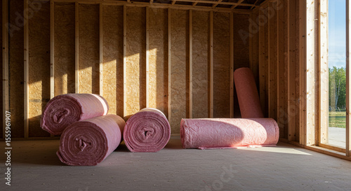 Insulation rolls stacked in unfinished room with wooden frame  