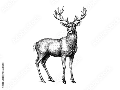 Engraved reindeer illustration, vintage Christmas animal art, retro holiday season sketch, antique winter decor, black ink festive motif, old engraving style, traditional seasonal artwork