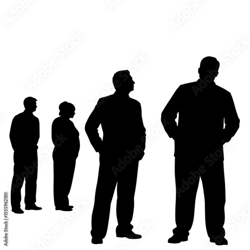 Group of silhouetted figures standing with hands in pockets  