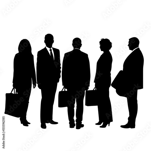Silhouettes of business people standing in profile with briefcases  
