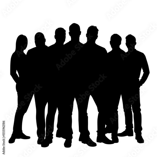 Group of people standing together in silhouette against white background  