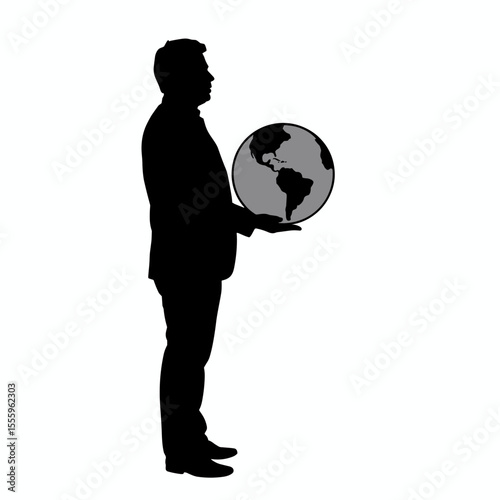 Man holding a globe in silhouette against a white background  