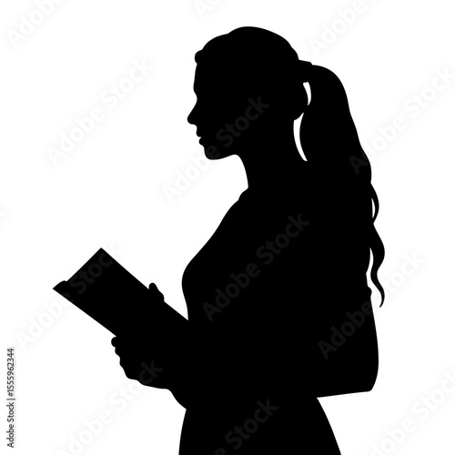 Young woman reading book in silhouette against white background  