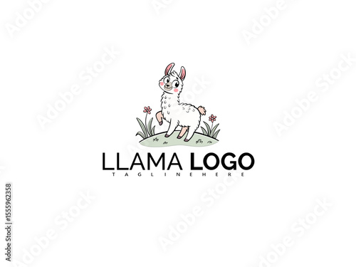 Adorable Kawaii Cartoon Llama Logo Design with Rainbow Horn. Cute Mascot Clipart Vector Perfect for Kids’ Fashion, Baby Product Packaging, and Playful Children’s Book Art.

