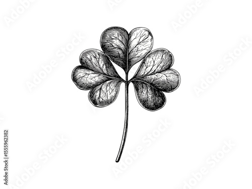 Vintage Saint Patrick’s Day clover drawing, engraved shamrock leaf, antique lucky symbol, retro seasonal hand-drawn style, Irish motif black sketch, old engraving style, festive design
