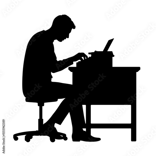 Man typing on a typewriter at desk in silhouette  