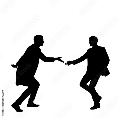 Two men silhouettes dancing together. Men in suits are performing a stylish dance move. Dynamic silhouettes for dance studio poster. This image is perfect for creating dynamic silhouettes.