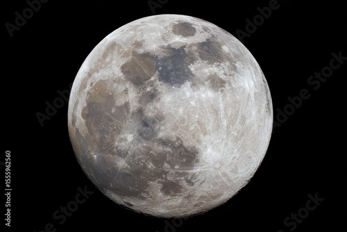Detailed Full Moon Phase Showing Lunar Surface Craters and Mare on a Black Background