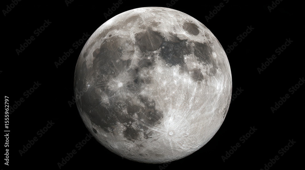 Fototapeta premium Detailed Full Moon View Lunar Surface Features and Craters Against Black Space Background