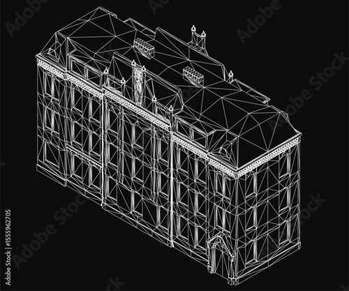 A 3D wireframe model of a house on a black background highlights the architectural structure with clean lines and geometric precision. The transparent design reveals interior details, making it ideal.
