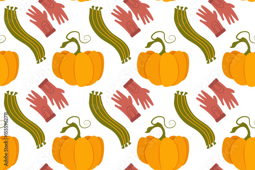 Vector autumn seamless patterns. Illustration with pumpkins, rubber boots, scarf and gloves. Use for paper, cover, gift wrap, fabric
