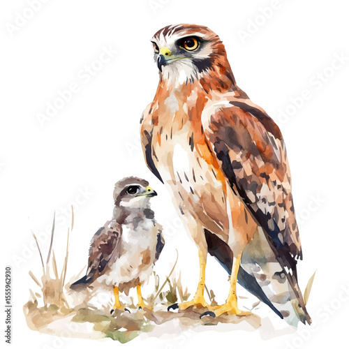watercolor of A Mother Harrier With Her Kid, vector, isolated on a white background.