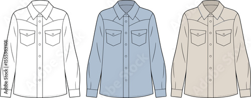 Western shirt technical sketch, button-up shirt vector, fashion flat drawing, shirt cad design, long sleeve garment illustration, unisex fashion