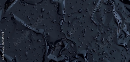 Dark, glistening black plastic sheeting, water droplets clinging to surface,  material,  texture