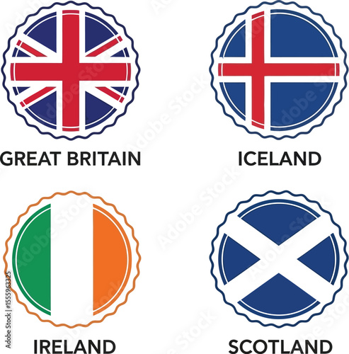 Flags of great britain iceland ireland and scotland on white background