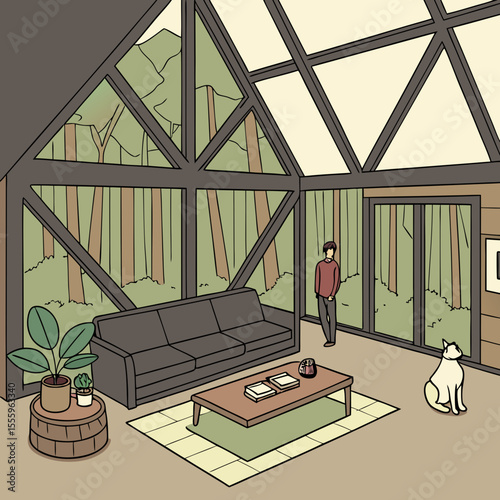 Tranquil Forest Cabin Living Room with Large Windows