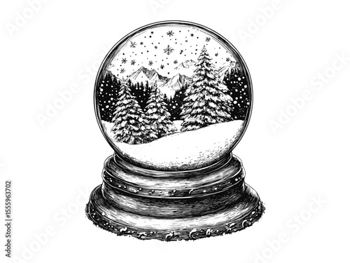 Engraved snow globe, vintage Christmas art, winter holiday motif, hand-drawn festive decor, retro icon, old engraving style, black sketch, nostalgic Christmas illustration,