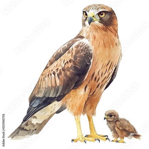 A Mother Harrier With Her Kid, watercolor clipart vector, isolated on a white background.