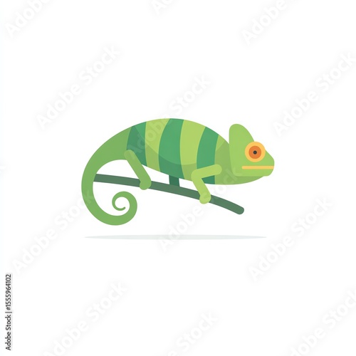 Striped Chameleon on Branch, Vibrant Green Hues, Simple Illustration
