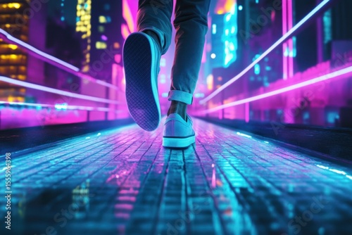Person walking on a vibrant neon lit city street at night