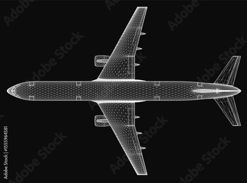 A 3D wireframe model of an airplane, showcasing detailed structural features against a sleek black background. The transparent mesh design highlights the aircraft's aerodynamic shape, wings