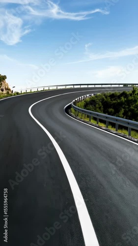 Empty curving asphalt road with white line markings passes through a rural scenic landscape under a blue sky.