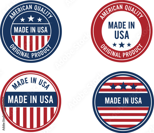 Four made in usa labels with stars stripes and american quality text