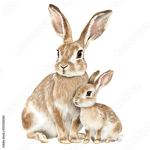 A Mother Hare With Her Kid, watercolor vector, isolated on a white background.