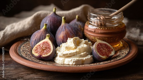 Wallpaper Mural Flat lay of figs, soft cheese, honey jar, and cracked ceramic plate, warm rustic ambiance, Torontodigital.ca