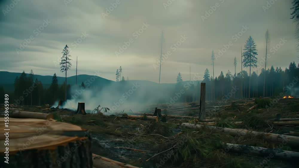 Deforested Area with Tree Stump Felled Trees Smoky Sky and Distant Forest creating somber atmosphere during overcast