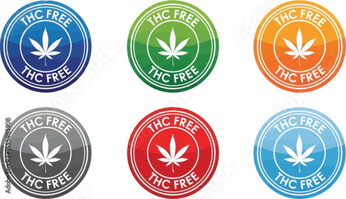 Assorted thc free cannabis leaf badges in various colors on white