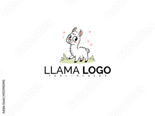 Kawaii Style Llama Clipart with Cloud and Rainbow Accents. Adorable Logo Design for Children's Brand Identity, Baby Product Labels, Toys, or Soft Playroom-Themed Merchandise.

