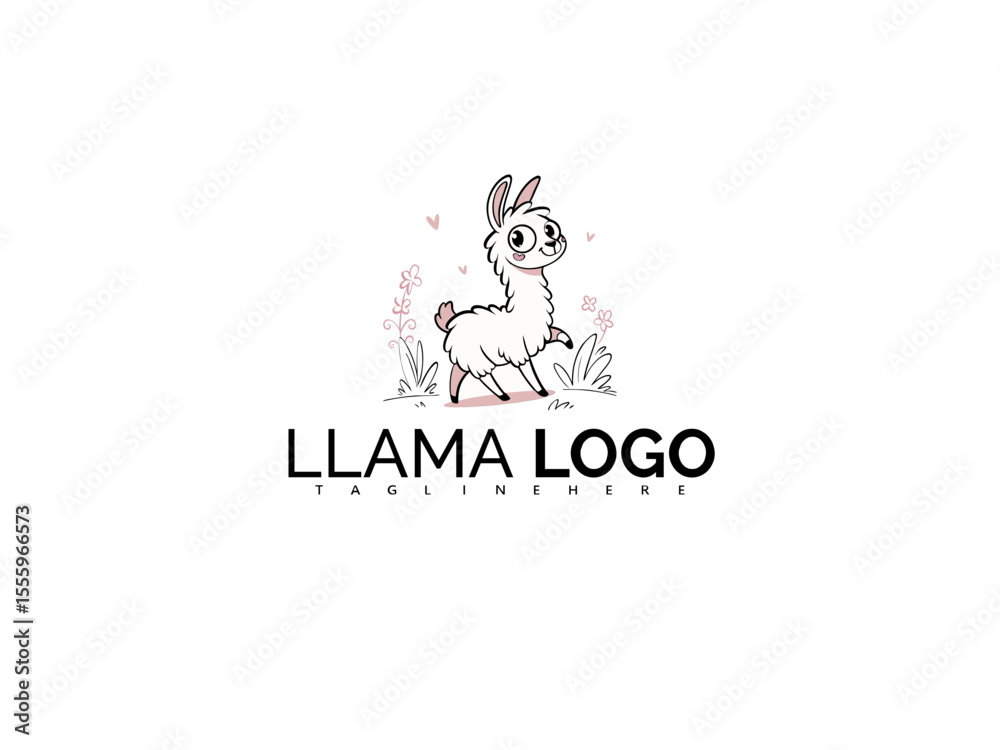 Obraz premium Adorable Kawaii Llama Logo Vector for a Children’s Brand. Cute Cartoon Alpaca with Hearts and Stars, Ideal for Kids’ Clothing, Book Covers, and Playful Product Labeling Design.