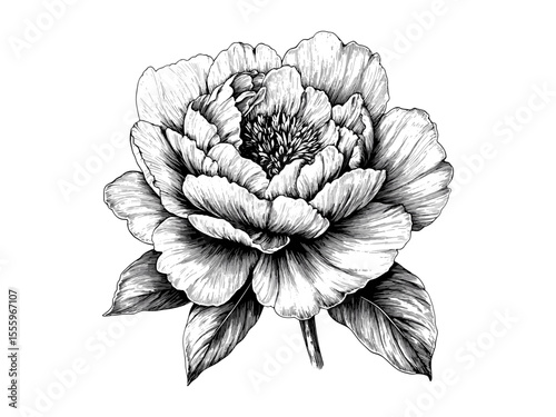 Vintage botanical sketch, engraved spring peony flower, retro hand-drawn black ink artwork, seasonal garden decor, trendy floral motif, old engraving style, classic flower art