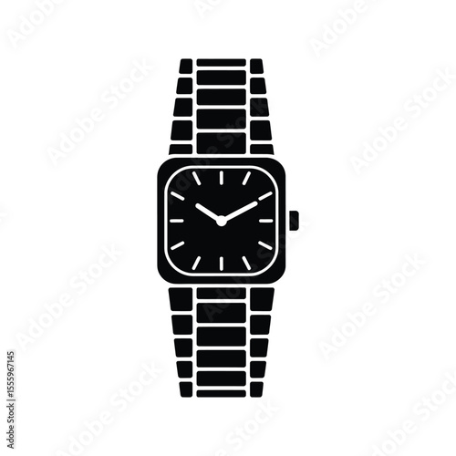 A minimalist black and white illustration of a wristwatch with a square face