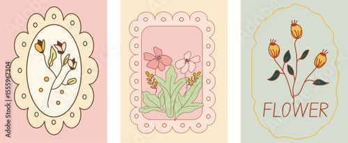 Vintage floral spring doodle hand drawn whemsical frame with wavy line set of cute cards or posters in coquette style.  Shabby chic pastel frames with flower leaves, tulip, pot. Vector illustration 
