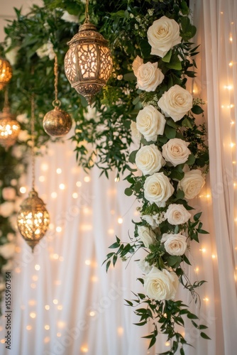 Floral archway with string lights and lanterns