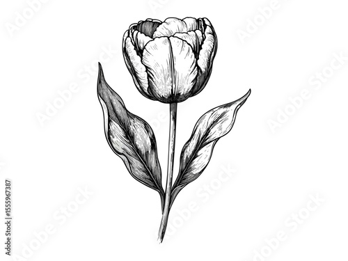 Hand-drawn tulip flower engraving in retro black sketch, vintage floral botanical art, old style spring bloom design, trendy home decor, elegant line drawing for nature lovers