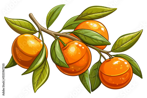 vector of Fresh ripe oranges with green leaves on a branch isolated on transparent background...