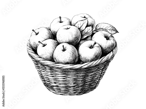 Vintage engraved autumn apple basket, old engraving style fruit sketch, fall harvest illustration, retro seasonal decor, countryside motif, trendy rustic farm food drawing, hand-drawn design